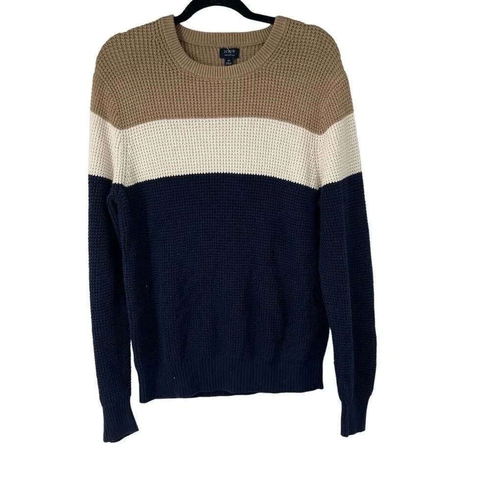 J. Crew Factory Tan White Navy Blue 100% Cotton Sweater Sz M‎ Mens